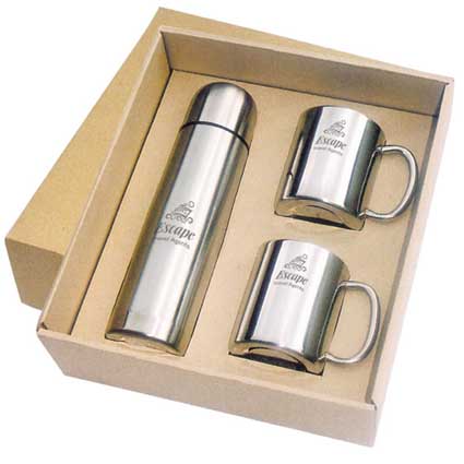 Stainless Steel Flask & 2 Mug Set