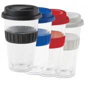 Plastic Double-Walled Mug Clear plastic with coloured silicon lid and band